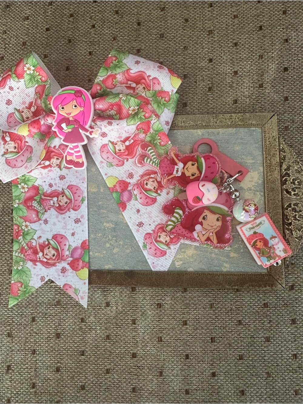 Pink Strawberry Character Kids Hair Bow with Matching Charms